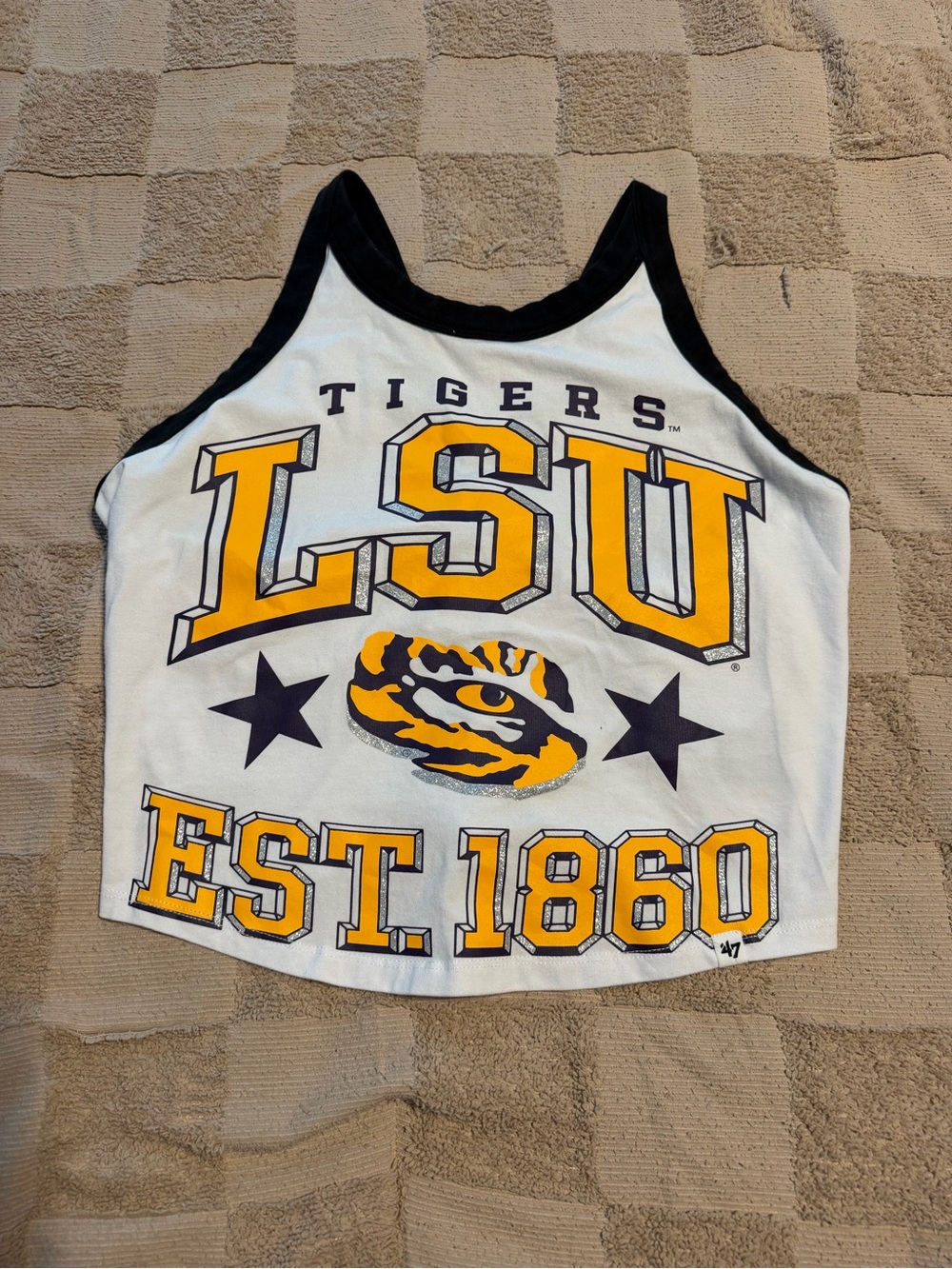 47 White LSU Tigers Graphic Tank Top with Gold and Purple Accents